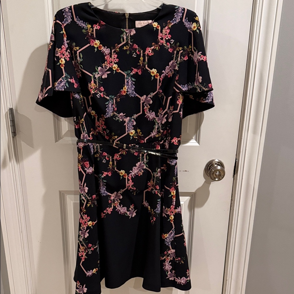 Ted Baker London Black Floral Belted Dress with Cape Sleeves, Size UK 4, US 10